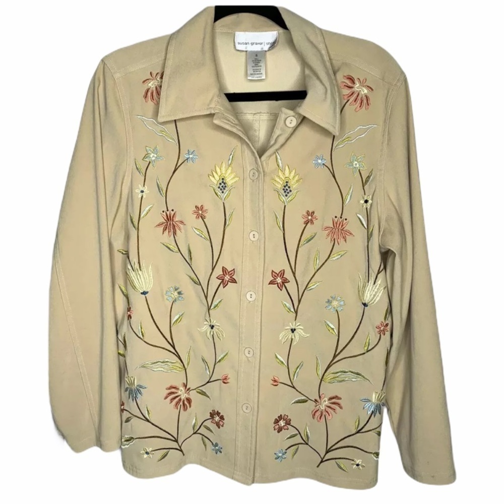 Susan Graver Womens Embroidered Shirt Small Tan